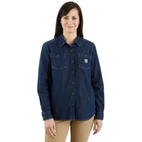 Camicia da donna in denim di peso medio con manicotti lunghi, vestibilità comoda