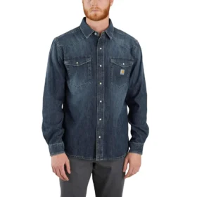 Camicia da uomo in denim a maniche lunghe con chiusura a bottoni a pressione, modello Montana dalla vestibilità comoda