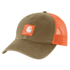 Cappellino da camionista in tela con retro in rete e logo