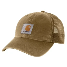 Cappellino da camionista in tela con retro in rete e logo
