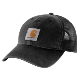 Cappellino da camionista in tela con retro in rete e logo