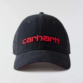 Cappellino da camionista in tela con retro in rete e logo